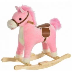 HOMCOM Cheval à Bascule Selle Grand Confort Peluche Courte Douce Bois Peuplier Rose Dim. 65L X 32,5l X 61H Cm