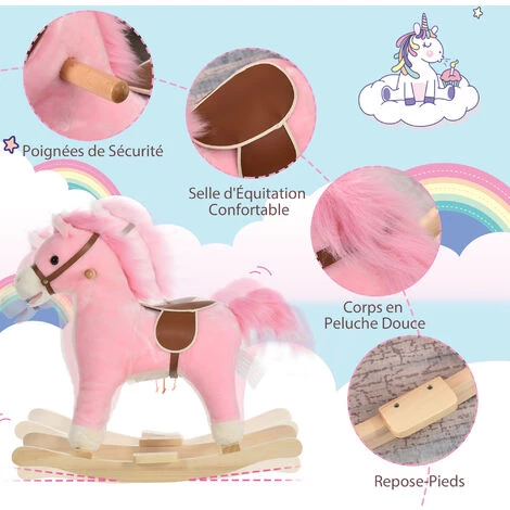 HOMCOM Cheval à Bascule Selle Grand Confort Peluche Courte Douce Bois Peuplier Rose Dim. 65L X 32,5l X 61H Cm 6 HOMCOM Cheval à Bascule Selle Grand Confort Peluche Courte Douce Bois Peuplier Rose Dim. 65L X 32,5l X 61H Cm – Image 4