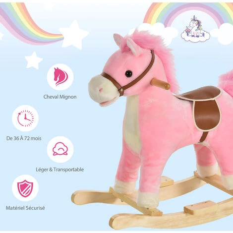 HOMCOM Cheval à Bascule Selle Grand Confort Peluche Courte Douce Bois Peuplier Rose Dim. 65L X 32,5l X 61H Cm 7 HOMCOM Cheval à Bascule Selle Grand Confort Peluche Courte Douce Bois Peuplier Rose Dim. 65L X 32,5l X 61H Cm – Image 5