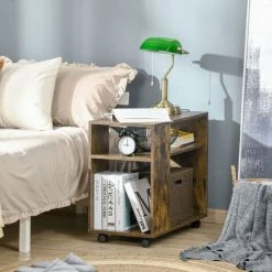 HOMCOM Bout De Canapé Sur Roulettes 2 étagères Panneaux Particules Aspect Vieux Bois Veinage -France HOMCOM Soldes 2022 39685325 4