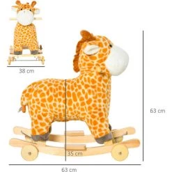 HOMCOM Jouet à Bascule Girafe Et Porteur Sur Roulettes 2 En 1 Fonction Sonore Mugissement Bois Peuplier Peluche Courte Polyester Tacheté - Marron -France HOMCOM Soldes 2022 39773012 3