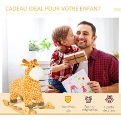 HOMCOM Jouet à Bascule Girafe Et Porteur Sur Roulettes 2 En 1 Fonction Sonore Mugissement Bois Peuplier Peluche Courte Polyester Tacheté - Marron -France HOMCOM Soldes 2022 39773012 4
