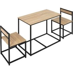 HOMCOM Ensemble Table 2 Chaises Style Industriel - Set De 1 Table + 2 Chaises Encastrables - Métal Noir Aspect Chêne Clair - Beige