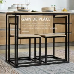 HOMCOM Ensemble Table 2 Chaises Style Industriel - Set De 1 Table + 2 Chaises Encastrables - Métal Noir Aspect Chêne Clair - Beige -France HOMCOM Soldes 2022 39773022 4
