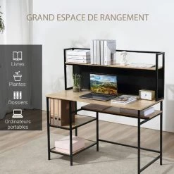 HOMCOM Bureau Informatique Design Industriel 4 étagères Grand Plateau Et Panneau Noir Métal Aspect Chêne Clair - Beige -France HOMCOM Soldes 2022 39773025 4