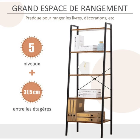HOMCOM Étagère Style Industriel Incliné 5 étagères Dim. 56L X 34l X 160H Cm Métal Noir Aspect Vieux Bois 7 HOMCOM Étagère Style Industriel Incliné 5 étagères Dim. 56L X 34l X 160H Cm Métal Noir Aspect Vieux Bois – Image 5