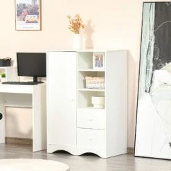 HOMCOM Armoire - Meuble Multi-rangements - Placard Porte 5 étagères, 3 Niches, 2 Tiroirs - Panneaux De Particules Blanc - Blanc -France HOMCOM Soldes 2022 39773027 3