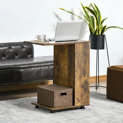 HOMCOM Table De Lit/fauteuil - Table D'appoint Roulante Avec étagère Basse Et Compartiment Rangement - Panneaux Particules Aspect Vieux Bois 4 HOMCOM Table De Lit/fauteuil - Table D'appoint Roulante Avec étagère Basse Et Compartiment Rangement - Panneaux Particules Aspect Vieux Bois – Image 2