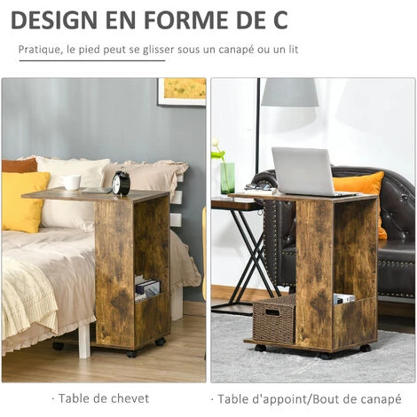 HOMCOM Table De Lit/fauteuil - Table D'appoint Roulante Avec étagère Basse Et Compartiment Rangement - Panneaux Particules Aspect Vieux Bois 7 HOMCOM Table De Lit/fauteuil - Table D'appoint Roulante Avec étagère Basse Et Compartiment Rangement - Panneaux Particules Aspect Vieux Bois – Image 5