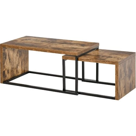 HOMCOM Lot De 2 Tables Basses Gigognes Design Industriel Encastrable Dim. Grande Table 90L X 48l X 42H Cm Métal Noir Aspect Vieux Bois - Beige 3 HOMCOM Lot De 2 Tables Basses Gigognes Design Industriel Encastrable Dim. Grande Table 90L X 48l X 42H Cm Métal Noir Aspect Vieux Bois - Beige