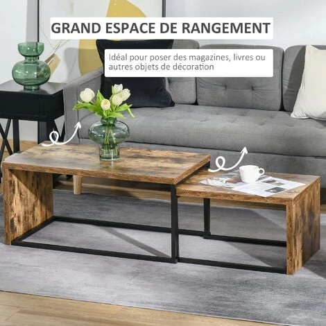 HOMCOM Lot De 2 Tables Basses Gigognes Design Industriel Encastrable Dim. Grande Table 90L X 48l X 42H Cm Métal Noir Aspect Vieux Bois - Beige 6 HOMCOM Lot De 2 Tables Basses Gigognes Design Industriel Encastrable Dim. Grande Table 90L X 48l X 42H Cm Métal Noir Aspect Vieux Bois - Beige – Image 4