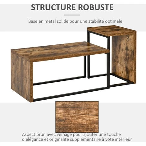 HOMCOM Lot De 2 Tables Basses Gigognes Design Industriel Encastrable Dim. Grande Table 90L X 48l X 42H Cm Métal Noir Aspect Vieux Bois - Beige 7 HOMCOM Lot De 2 Tables Basses Gigognes Design Industriel Encastrable Dim. Grande Table 90L X 48l X 42H Cm Métal Noir Aspect Vieux Bois - Beige – Image 5