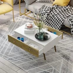 HOMCOM Table Basse Rectangulaire 4 Tiroirs Coulissants Façades Aspect Chêne Doré Pieds Effilés Bois De Hêtre Panneaux Particules Blanc -France HOMCOM Soldes 2022 39773035 4