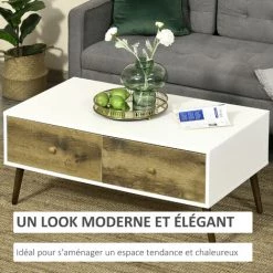 HOMCOM Table Basse Rectangulaire 4 Tiroirs Coulissants Façades Aspect Chêne Doré Pieds Effilés Bois De Hêtre Panneaux Particules Blanc -France HOMCOM Soldes 2022 39773035 5