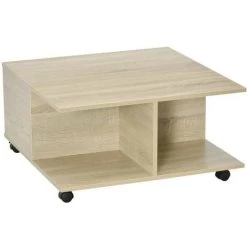 HOMCOM Table Basse Contemporaine Sur Roulettes - Design Géométrique 2 Compartiments 2 Tiroirs - Aspect Chêne Clair - Beige