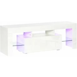 HOMCOM Meuble TV LED Style Contemporain - Grand Tiroir, Niche, 2 étagères Verre - Panneaux Particules MDF Blanc Laqué - Blanc