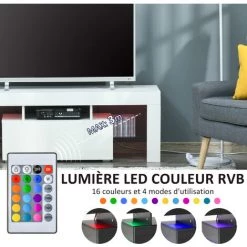 HOMCOM Meuble TV LED Style Contemporain - Grand Tiroir, Niche, 2 étagères Verre - Panneaux Particules MDF Blanc Laqué - Blanc -France HOMCOM Soldes 2022 39773037 4