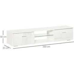 HOMCOM Meuble TV LED Style Contemporain - 2 Placards Porte Abattante, étagère Verre - Panneaux Particules MDF Blanc Laqué - Blanc -France HOMCOM Soldes 2022 39773038 3