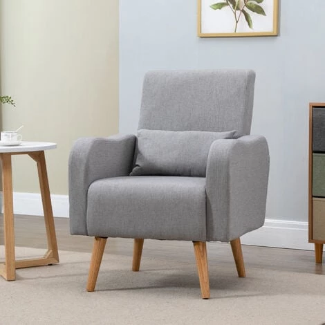 HOMCOM Fauteuil Design Scandinave Dim. 72L X 77l X 93H Cm Avec Coussin Pieds Effilés Bois De Hêtre Tissu Lin Gris Clair 4 HOMCOM Fauteuil Design Scandinave Dim. 72L X 77l X 93H Cm Avec Coussin Pieds Effilés Bois De Hêtre Tissu Lin Gris Clair – Image 2