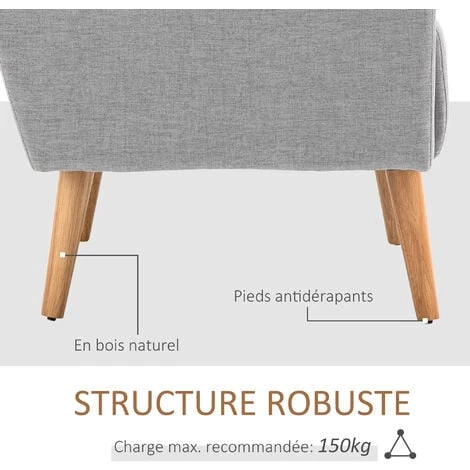 HOMCOM Fauteuil Design Scandinave Dim. 72L X 77l X 93H Cm Avec Coussin Pieds Effilés Bois De Hêtre Tissu Lin Gris Clair 6 HOMCOM Fauteuil Design Scandinave Dim. 72L X 77l X 93H Cm Avec Coussin Pieds Effilés Bois De Hêtre Tissu Lin Gris Clair – Image 4