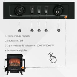 HOMCOM Cheminée électrique Poêle Style Néo-rétro 2 Portes Verre Trempé 1000/2000 W LED Luminosité Réglable Acier ABS Noir - Noir -France HOMCOM Soldes 2022 39781512 5
