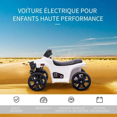 HOMCOM Voiture 4x4 Quad Buggy électrique Enfant 18-36 Mois 6 V 3 Km/h Max. Effet Lumineux Sonores Métal PP Blanc Noir 7 HOMCOM Voiture 4x4 Quad Buggy électrique Enfant 18-36 Mois 6 V 3 Km/h Max. Effet Lumineux Sonores Métal PP Blanc Noir – Image 5