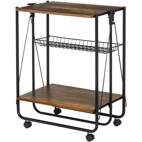 HOMCOM Desserte Vintage Style Industriel 3 étagères - Desserte Pliable - Métal Noir Aspect Vieux Bois 3 HOMCOM Desserte Vintage Style Industriel 3 étagères - Desserte Pliable - Métal Noir Aspect Vieux Bois