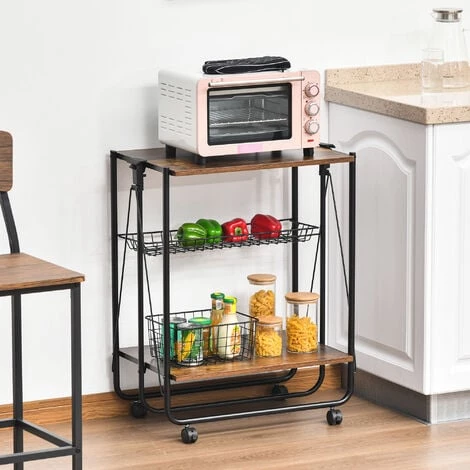 HOMCOM Desserte Vintage Style Industriel 3 étagères - Desserte Pliable - Métal Noir Aspect Vieux Bois 4 HOMCOM Desserte Vintage Style Industriel 3 étagères - Desserte Pliable - Métal Noir Aspect Vieux Bois – Image 2