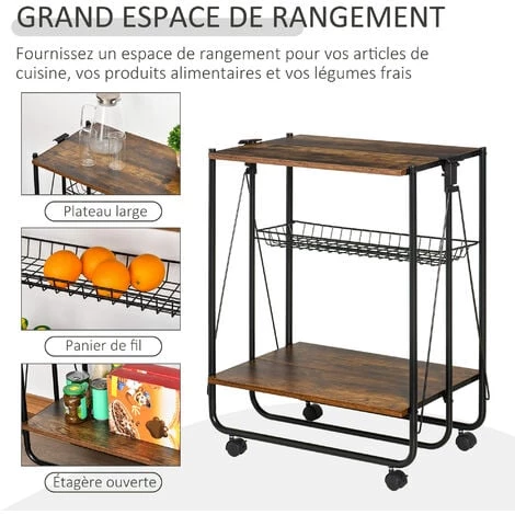 HOMCOM Desserte Vintage Style Industriel 3 étagères - Desserte Pliable - Métal Noir Aspect Vieux Bois 6 HOMCOM Desserte Vintage Style Industriel 3 étagères - Desserte Pliable - Métal Noir Aspect Vieux Bois – Image 4