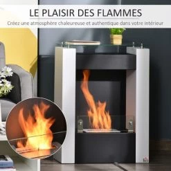 HOMCOM Cheminée Bioéthanol Design Contemporain - étagère, Pare-feu Verre Trempé 6 Mm - Brûleur 1,5 L - Contrôle De Flamme Et Manche Inclus - Acier Noir Blanc - Blanc -France HOMCOM Soldes 2022 40474340 4