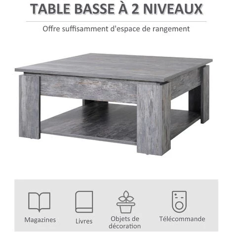 HOMCOM Table Basse Carrée Design Contemporain Avec étagère Dim. 80L X 80l X 36H Cm Panneaux Particules Gris Vieilli - Gris 6 HOMCOM Table Basse Carrée Design Contemporain Avec étagère Dim. 80L X 80l X 36H Cm Panneaux Particules Gris Vieilli - Gris – Image 4