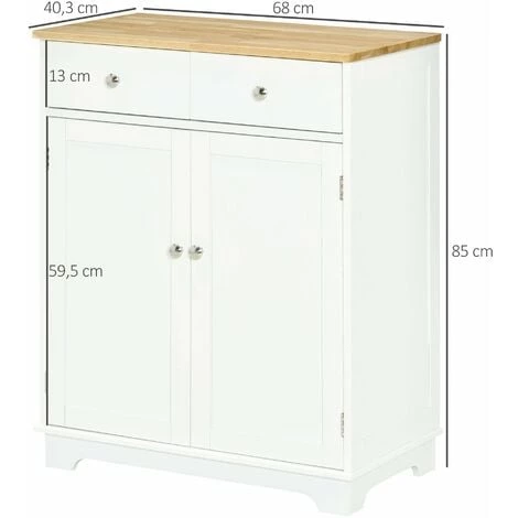 HOMCOM Buffet Multi-rangement 2 Portes Avec étagère Réglable 2 Tiroirs Coulissants MDF Plateau Bois D'hévéa - Blanc 5 HOMCOM Buffet Multi-rangement 2 Portes Avec étagère Réglable 2 Tiroirs Coulissants MDF Plateau Bois D'hévéa - Blanc – Image 3