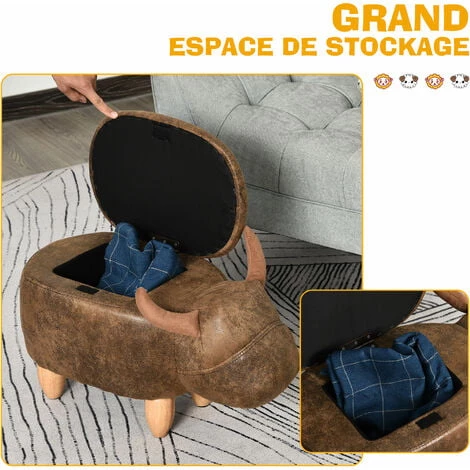 HOMCOM Tabouret Vache - Pouf Vachette - Pouf Taureau Coffre De Rangement 2 En 1 - Pieds Bois D'hévéa Revêtement Synthétique Aspect Daim Vieilli Marron - Marron 6 HOMCOM Tabouret Vache - Pouf Vachette - Pouf Taureau Coffre De Rangement 2 En 1 - Pieds Bois D'hévéa Revêtement Synthétique Aspect Daim Vieilli Marron - Marron – Image 4