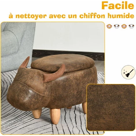 HOMCOM Tabouret Vache - Pouf Vachette - Pouf Taureau Coffre De Rangement 2 En 1 - Pieds Bois D'hévéa Revêtement Synthétique Aspect Daim Vieilli Marron - Marron 7 HOMCOM Tabouret Vache - Pouf Vachette - Pouf Taureau Coffre De Rangement 2 En 1 - Pieds Bois D'hévéa Revêtement Synthétique Aspect Daim Vieilli Marron - Marron – Image 5