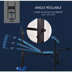 HOMCOM Banc De Musculation Abdominaux Fessiers - Rack Haltères - Dossier, Coussin Leg Curl Réglable - Charge Max. 150 Kg - Acier PU Bleu Noir -France HOMCOM Soldes 2022 40474542 4