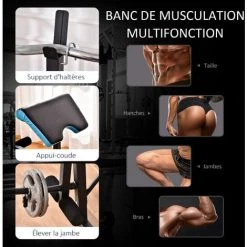 HOMCOM Banc De Musculation Abdominaux Fessiers - Rack Haltères - Dossier, Coussin Leg Curl Réglable - Charge Max. 150 Kg - Acier PU Bleu Noir -France HOMCOM Soldes 2022 40474542 5