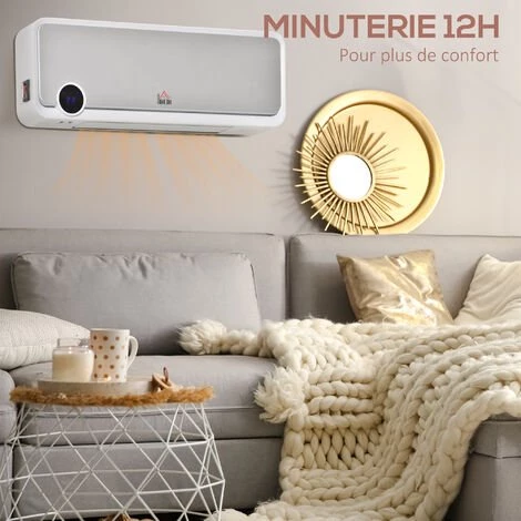 HOMCOM Radiateur Mural Soufflant Oscillant 2000 W - Chauffage Céramique PTC - 3 Niveaux De Puissance - Télécommande Incluse Blanc Argenté - Gris 6 HOMCOM Radiateur Mural Soufflant Oscillant 2000 W - Chauffage Céramique PTC - 3 Niveaux De Puissance - Télécommande Incluse Blanc Argenté - Gris – Image 4