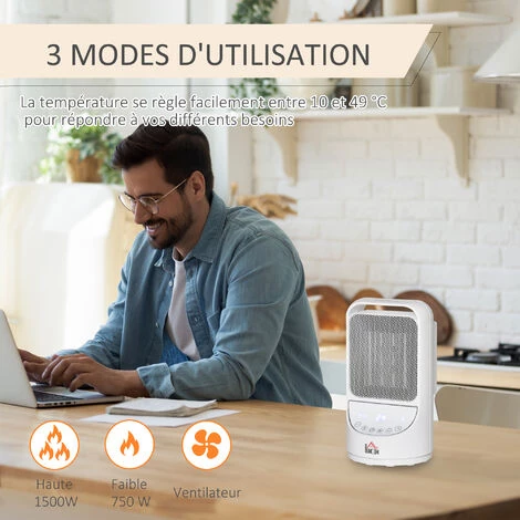 HOMCOM Chauffage Soufflant Oscillant 1500 W - Mini Radiateur Céramique PTC - 3 Niveaux De Puissance - Chauffage D'appoint Avec Télécommande Blanc - Blanc 6 HOMCOM Chauffage Soufflant Oscillant 1500 W - Mini Radiateur Céramique PTC - 3 Niveaux De Puissance - Chauffage D'appoint Avec Télécommande Blanc - Blanc – Image 4