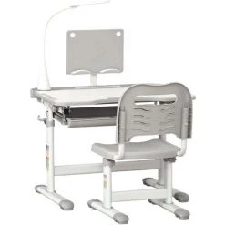 HOMCOM Bureau Enfant Avec Chaise - Ensemble Bureau Et Chaise Réglable - Lampe, Support De Lecture, Tablette Coulissante Multi-rangement - Gris Blanc - Gris