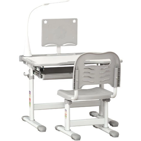HOMCOM Bureau Enfant Avec Chaise - Ensemble Bureau Et Chaise Réglable - Lampe, Support De Lecture, Tablette Coulissante Multi-rangement - Gris Blanc - Gris 3 HOMCOM Bureau Enfant Avec Chaise - Ensemble Bureau Et Chaise Réglable - Lampe, Support De Lecture, Tablette Coulissante Multi-rangement - Gris Blanc - Gris