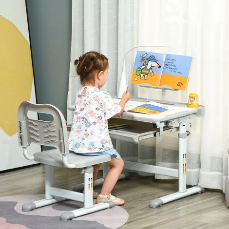 HOMCOM Bureau Enfant Avec Chaise - Ensemble Bureau Et Chaise Réglable - Lampe, Support De Lecture, Tablette Coulissante Multi-rangement - Gris Blanc - Gris 4 HOMCOM Bureau Enfant Avec Chaise - Ensemble Bureau Et Chaise Réglable - Lampe, Support De Lecture, Tablette Coulissante Multi-rangement - Gris Blanc - Gris â Image 2