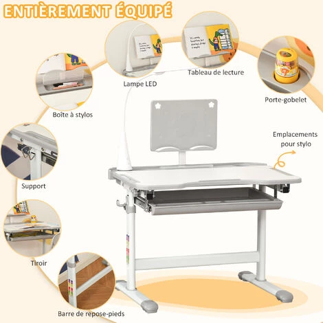 HOMCOM Bureau Enfant Avec Chaise - Ensemble Bureau Et Chaise Réglable - Lampe, Support De Lecture, Tablette Coulissante Multi-rangement - Gris Blanc - Gris 6 HOMCOM Bureau Enfant Avec Chaise - Ensemble Bureau Et Chaise Réglable - Lampe, Support De Lecture, Tablette Coulissante Multi-rangement - Gris Blanc - Gris â Image 4