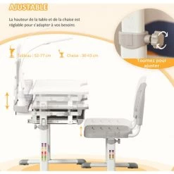HOMCOM Bureau Enfant Avec Chaise - Ensemble Bureau Et Chaise Réglable - Lampe, Support De Lecture, Tablette Coulissante Multi-rangement - Gris Blanc - Gris 11 HOMCOM Bureau Enfant Avec Chaise - Ensemble Bureau Et Chaise Réglable - Lampe, Support De Lecture, Tablette Coulissante Multi-rangement - Gris Blanc - Gris -France HOMCOM Soldes 2022 41318206 5