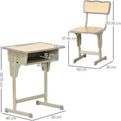 HOMCOM Bureau Enfant Vintage Style Pupitre D'écolier - Ensemble Bureau Et Chaise Réglable - Case De Rangement, Bracket, Range-stylos - Acier Kaki MDF Aspect Bois Clair - Vert -France HOMCOM Soldes 2022 41318214 3