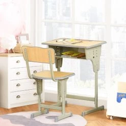 HOMCOM Bureau Enfant Vintage Style Pupitre D'écolier - Ensemble Bureau Et Chaise Réglable - Case De Rangement, Bracket, Range-stylos - Acier Kaki MDF Aspect Bois Clair - Vert -France HOMCOM Soldes 2022 41318214 4