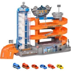 HOMCOM Garage Parking Voitures Enfant - 3 Niveaux, 6 Voitures, Ascenseur, Rampes En Spirale, 15 Places Stationnement - PP ABS Orange Gris Bleu - Orange