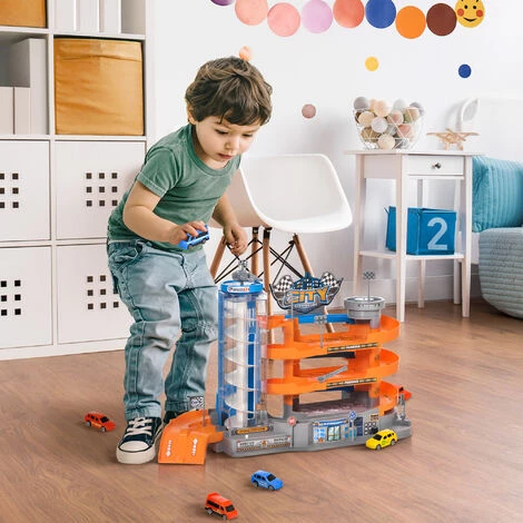 HOMCOM Garage Parking Voitures Enfant - 3 Niveaux, 6 Voitures, Ascenseur, Rampes En Spirale, 15 Places Stationnement - PP ABS Orange Gris Bleu - Orange 4 HOMCOM Garage Parking Voitures Enfant - 3 Niveaux, 6 Voitures, Ascenseur, Rampes En Spirale, 15 Places Stationnement - PP ABS Orange Gris Bleu - Orange – Image 2