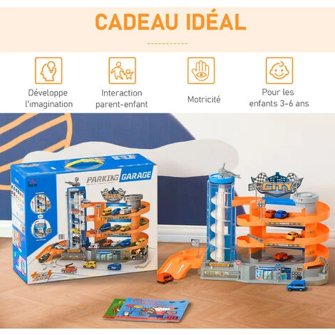 HOMCOM Garage Parking Voitures Enfant - 3 Niveaux, 6 Voitures, Ascenseur, Rampes En Spirale, 15 Places Stationnement - PP ABS Orange Gris Bleu - Orange 6 HOMCOM Garage Parking Voitures Enfant - 3 Niveaux, 6 Voitures, Ascenseur, Rampes En Spirale, 15 Places Stationnement - PP ABS Orange Gris Bleu - Orange – Image 4