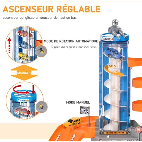 HOMCOM Garage Parking Voitures Enfant - 3 Niveaux, 6 Voitures, Ascenseur, Rampes En Spirale, 15 Places Stationnement - PP ABS Orange Gris Bleu - Orange 7 HOMCOM Garage Parking Voitures Enfant - 3 Niveaux, 6 Voitures, Ascenseur, Rampes En Spirale, 15 Places Stationnement - PP ABS Orange Gris Bleu - Orange – Image 5