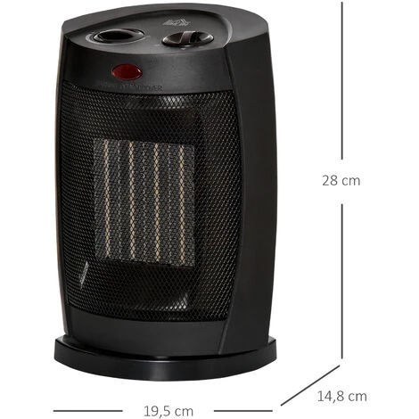 HOMCOM Chauffage Soufflant Oscillant 1500 W - Mini Radiateur Céramique PTC - 3 Niveaux De Puissance - Chauffage D'appoint Noir - Noir 5 HOMCOM Chauffage Soufflant Oscillant 1500 W - Mini Radiateur Céramique PTC - 3 Niveaux De Puissance - Chauffage D'appoint Noir - Noir – Image 3